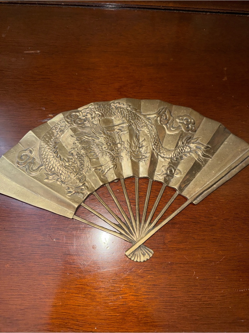 Vintage Enesco Brass Fan Wall Decor - Dragon Design - 11.5" x 7.25" - Taiwan